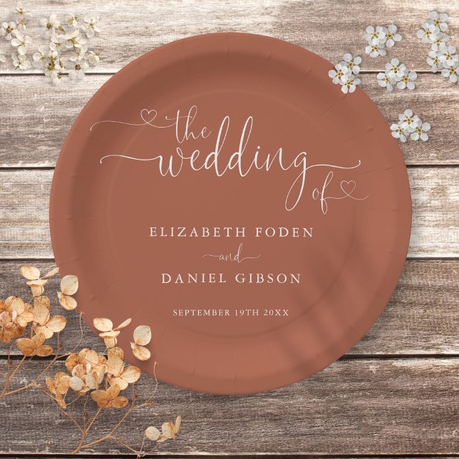 Terracotta Herz-Script-Hochzeit Pappteller (Terracotta Heart Script Wedding Paper Plates)