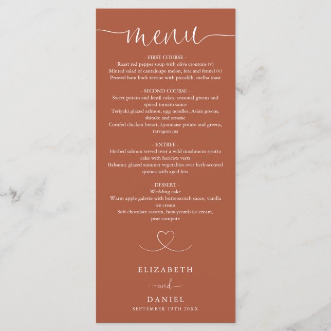Terracotta Herz-Script Hochzeitsessen Menükarte (Vorderseite)