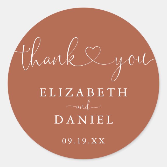Terracotta Herzschrift Dank Gastgeschenk Hochzeit Runder Aufkleber (Vorderseite)