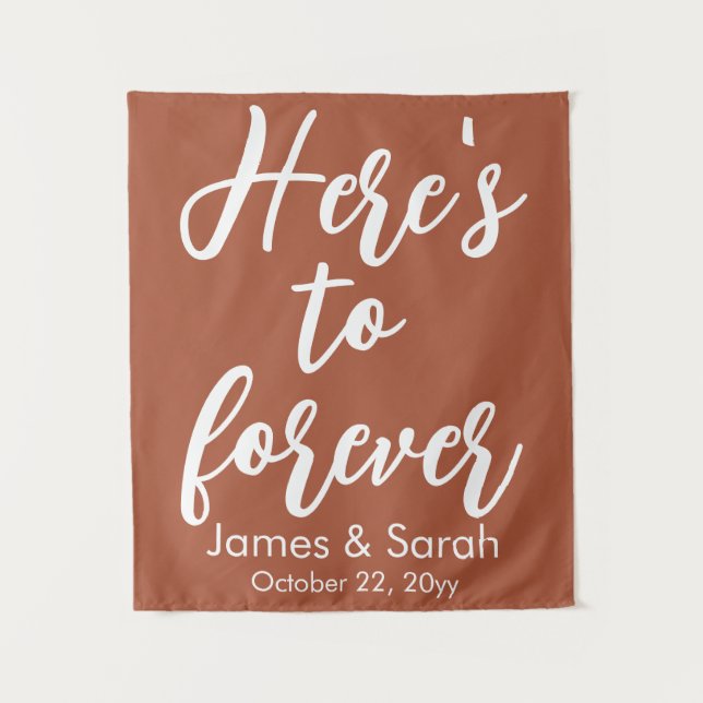 Terracotta Hochzeit Hintergrund Hier ist für immer Wandteppich (Vorderseite)