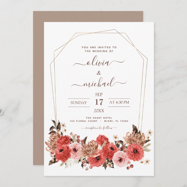 Terracotta Hochzeit im Herbst Florenz Herbst Einladung (Vorne/Hinten)