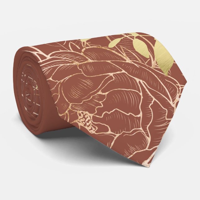 Terracotta & Imitate Gold Peony Moderne blumenreic Krawatte (Gerollt)