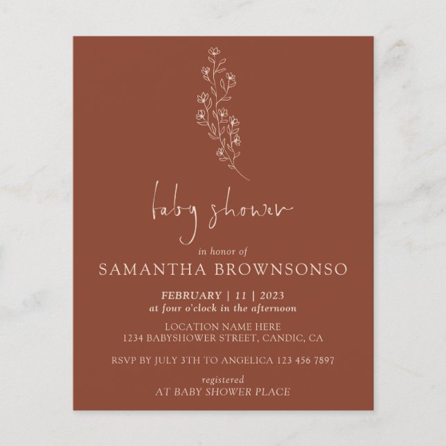 Terracotta Indie Rustic Budget Baby Dusche Flyer (Vorne)