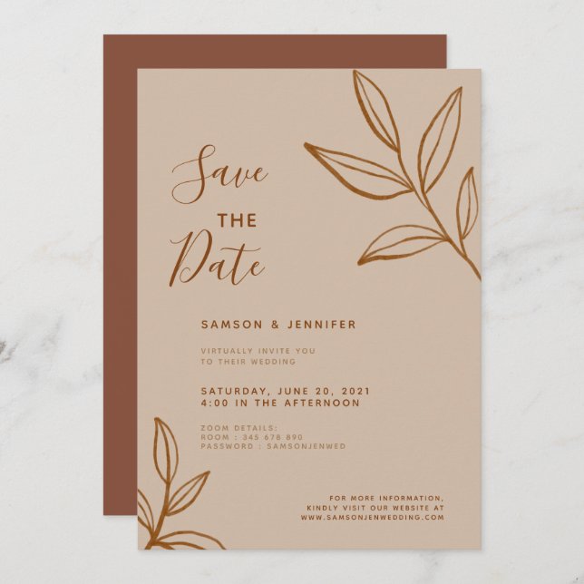 Terracotta Leaf Save the Date Virtual Wedding Einladung (Vorne/Hinten)