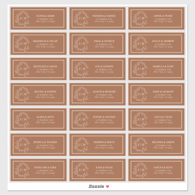 Terracotta Leafy Wappen Monogram Guest Address Aufkleber (Blatt)