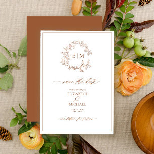 Terracotta Leafy Wappen Monogram Save the Date Einladung