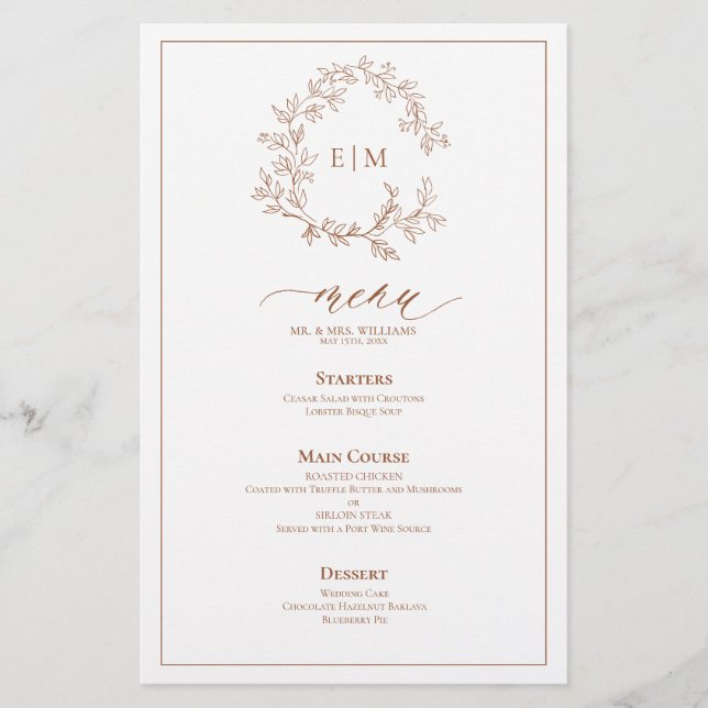 Terracotta Leafy Wappen Monogram Wedding Menu (Vorderseite)