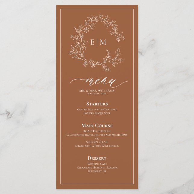 Terracotta Leafy Wappen Monogram Wedding Menu Menükarte (Vorderseite)