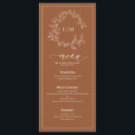 Terracotta Leafy Wappen Monogram Wedding Menu Menükarte<br><div class="desc">Erschaffen Sie den perfekten Empfang! Wir lieben dieses Terracotta Leafy Wappen Monogram Wedding 4"x 9" Menü! Es ist einfach, elegant und so hübsch, mit einem handgezeichneten, grünen Kranz umgeben von einem modernen Hochzeitsmonogramm. Es ist in eleganter Typografie personalisiert und mit handgeschriebener Kalligrafie akzentuiert. Schließlich ist es in einem zarten Rahmen...</div>