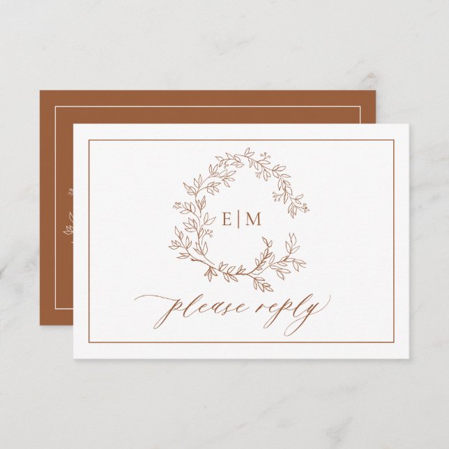 Terracotta Leafy Wappen Monogram Wedding RSVP Card (Vorne/Hinten)