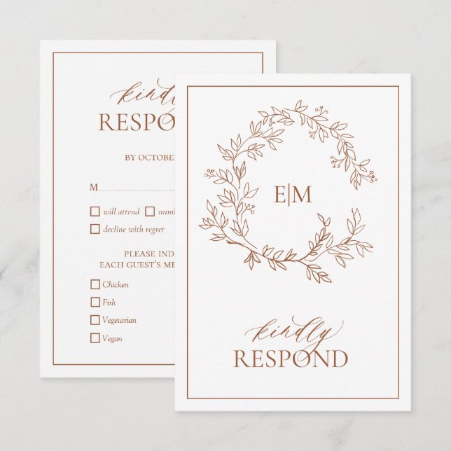Terracotta Leafy Wappen Monogram Wedding RSVP Card Karte (Vorne/Hinten)