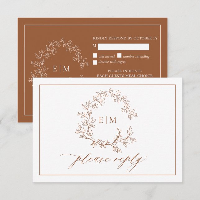 Terracotta Leafy Wappen Monogram Wedding RSVP Card Karte (Vorne/Hinten)