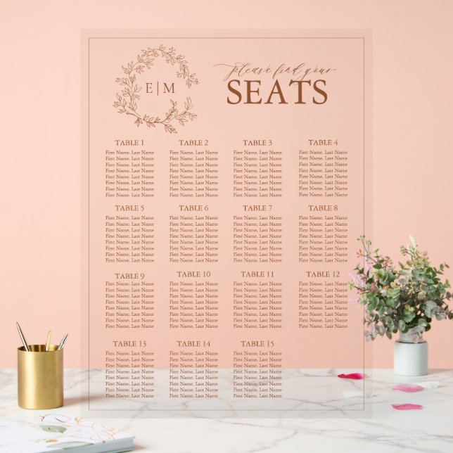 Terracotta Leafy Wappen Monogram Wedding Seating Acrylschild (Hochzeit)