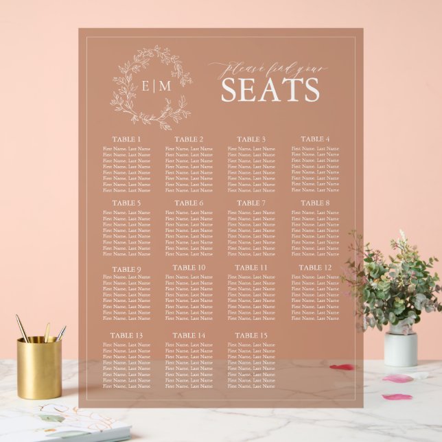 Terracotta Leafy Wappen Monogram Wedding Seating Acrylschild (Hochzeit)