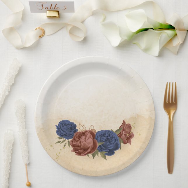 Terracotta Marine blaue Blumengrün Pappteller (Hochzeit)