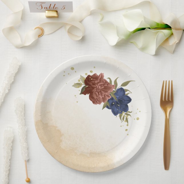 Terracotta Marine blaue Blumengrün Pappteller (Hochzeit)