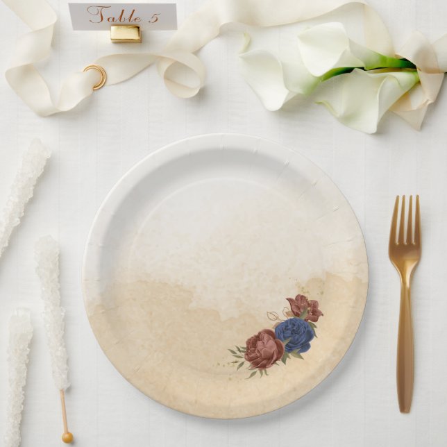 Terracotta Marine blaue Blumengrün Pappteller (Hochzeit)