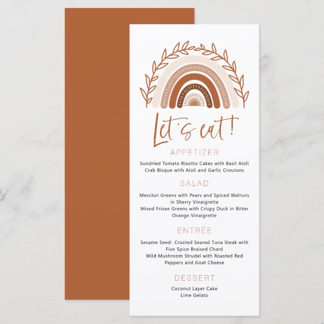 Terracotta-Menü in Mute Tones, Boho-Regenbogen-Men Menükarte (Vorne/Hinten)