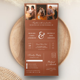 Terracotta Minimal 3 in 1 Foto-Collage Hochzeit Dreifach Gefaltete Einladung