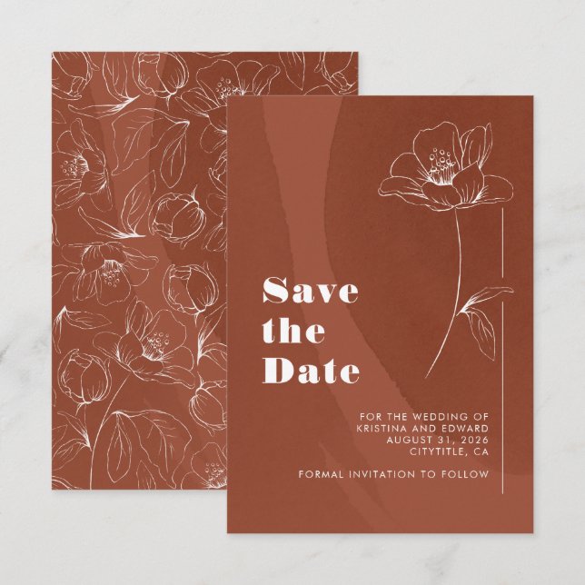 Terracotta Minimalistisch Boho Floral Save the Dat Date (Vorne/Hinten)