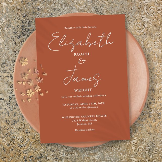 Terracotta Minimalistisch Elegante Script Wedding Einladung (Terracotta Minimalist Elegant Script Wedding Invitation)