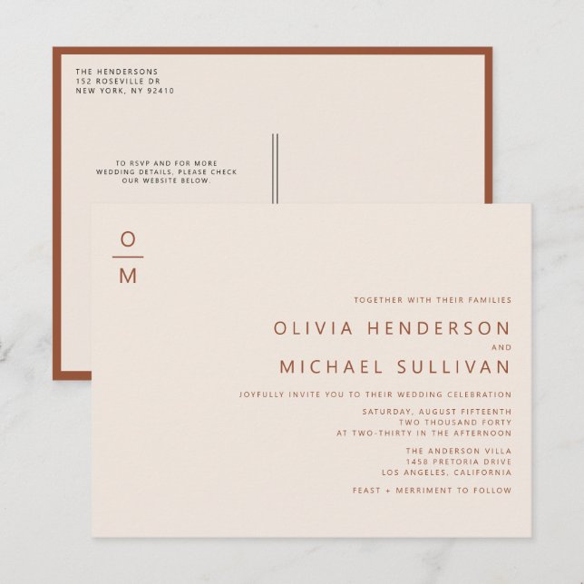 Terracotta Minimalistisch Monogram QR Code Wedding Einladungspostkarte (Vorne/Hinten)
