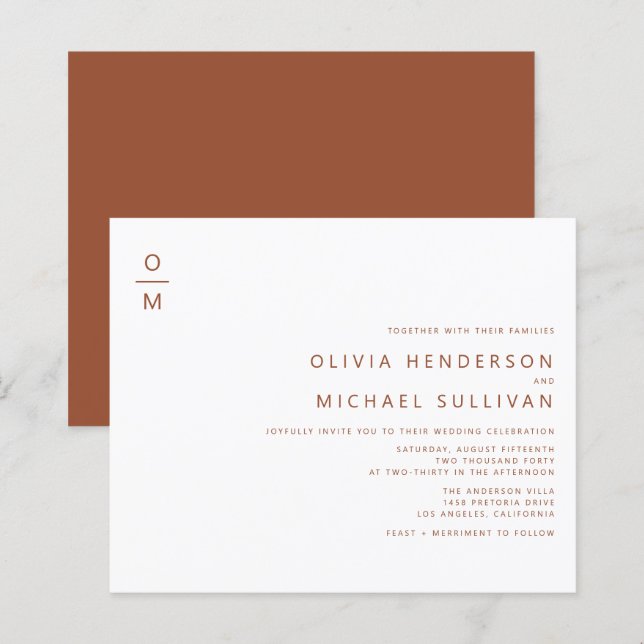 Terracotta Minimalistisch Monogram Wedding Einladu (Vorne/Hinten)
