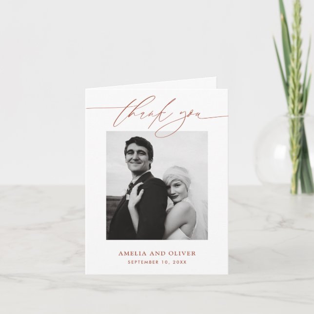 Terracotta Minimalistisch Script Foto Wedding Dankeskarte (Vorderseite)