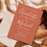 Terracotta Minimalistisch Script Wedding Einladung<br><div class="desc">Diese elegante Hochzeitseinladung mit ihren charakteristischen Stilnamen kann mit Ihren Informationen in schick weißer Schrift auf Terrakotta-Hintergrund personalisiert werden. Sie können die Hintergrundfarbe an Ihr Hochzeitstil anpassen. Entwickelt von Thisisnotme©</div>