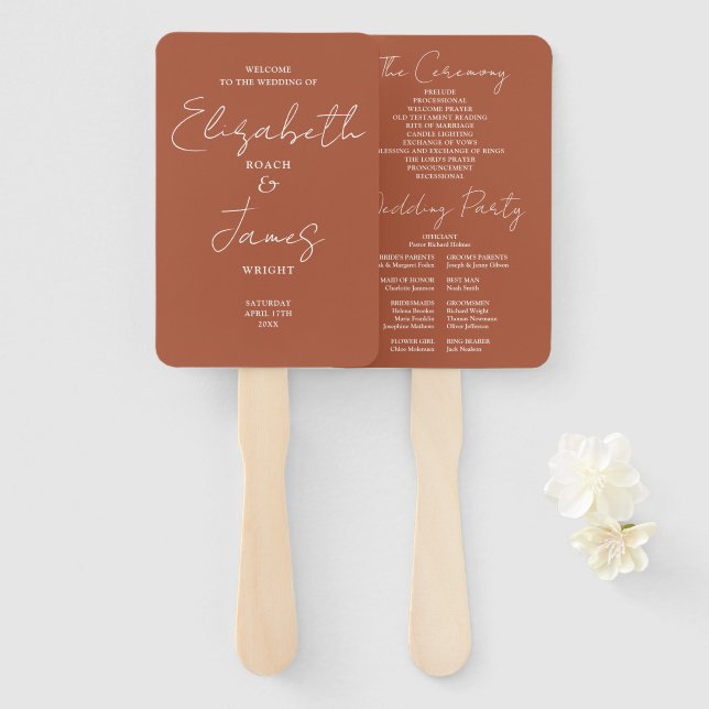 Terracotta Minimalistisch Script Wedding Program Fächer (Vorne und Hinten)