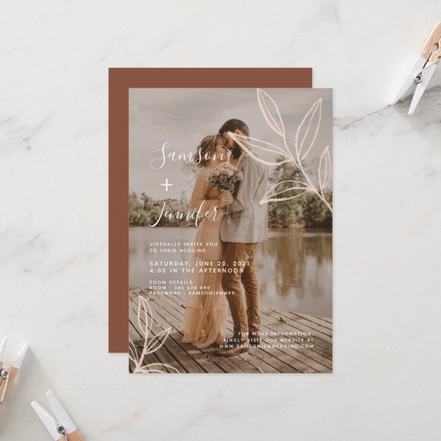 Terracotta mit Blätter Boho Foto Overlay Hochzeit Einladung (Vorderseite/Rückseite Beispiel)