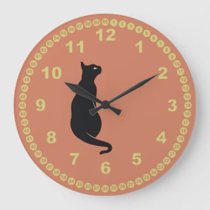 Terracotta mit Schwarzer Katze und gelbem Gesicht Große Wanduhr