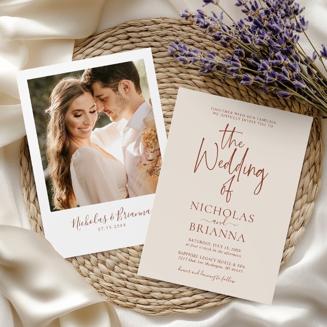 Terracotta Modern Boho Wedding Foto Minimalistisch Einladung (Von Creator hochgeladen)