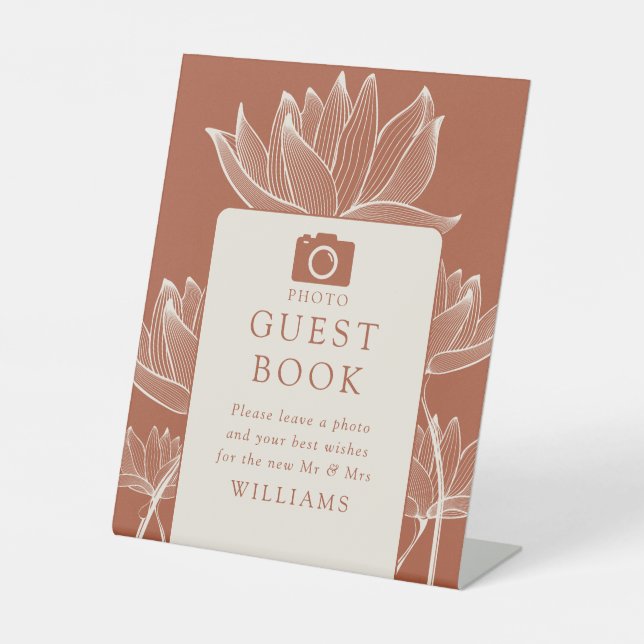Terracotta Modern Floral Foto Guest Book Sockelschild (Vorderseite)