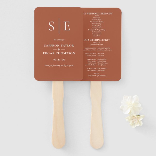 Terracotta Modern Monogram Wedding Program Fächer (Vorne und Hinten)