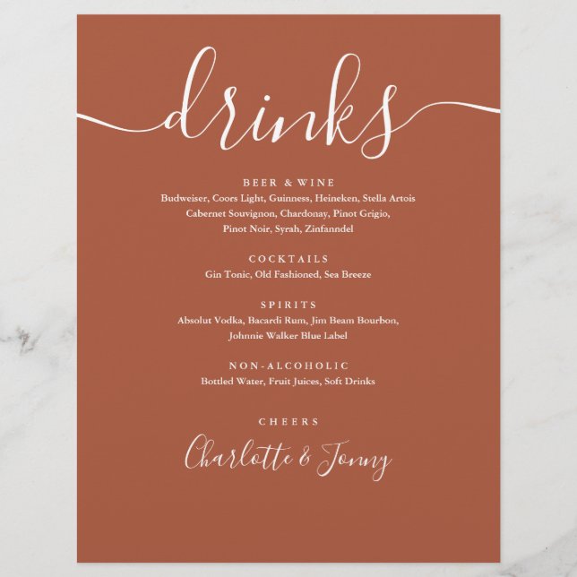 Terracotta Modern Script Wedding Drinks Menü (Vorne)