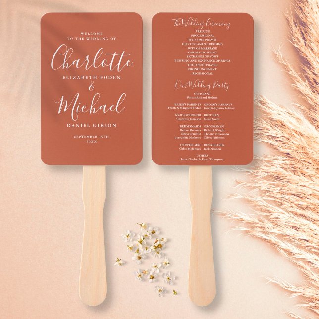 Terracotta Modern Script Wedding Program Fächer (Von Creator hochgeladen)