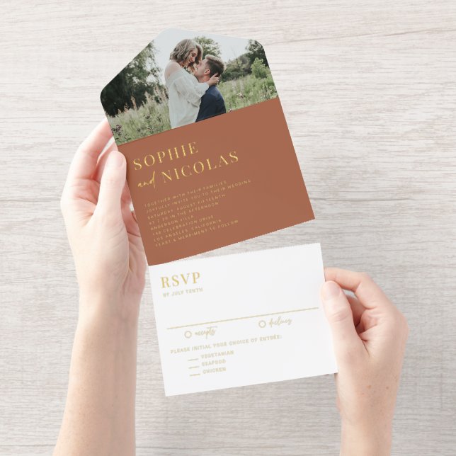 Terracotta Moderne Handschrift Foto Hochzeit All-in-One-Einladung (Abreißstreifen)