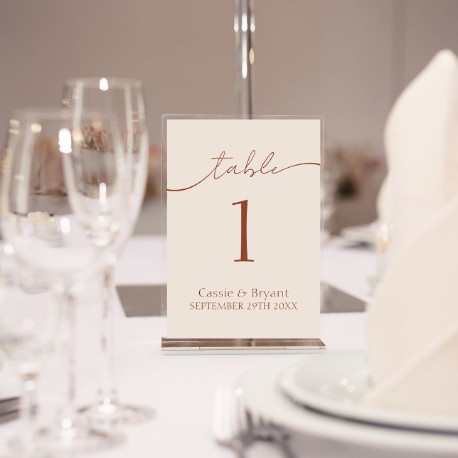 Terracotta Moderne Script Wedding Tischnummer (Elegant Terracotta Wedding Table Number Cards in Floating Frame)