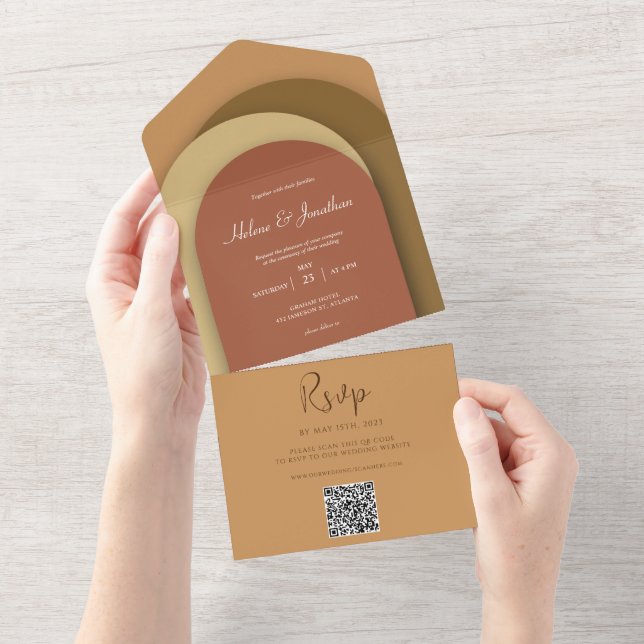 Terracotta Moderner QR Code Minimalistisch Hochzei All In One Einladung (Abreißen)