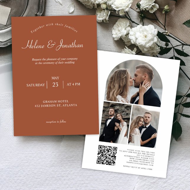 Terracotta Modernes QR Code Foto Einladung (Terracotta Modern QR Code Photo Elegant Wedding Invitation)