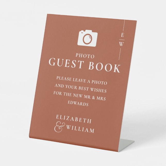 Terracotta Monogram Foto Guest Book Wedding Sockelschild (Vorderseite)