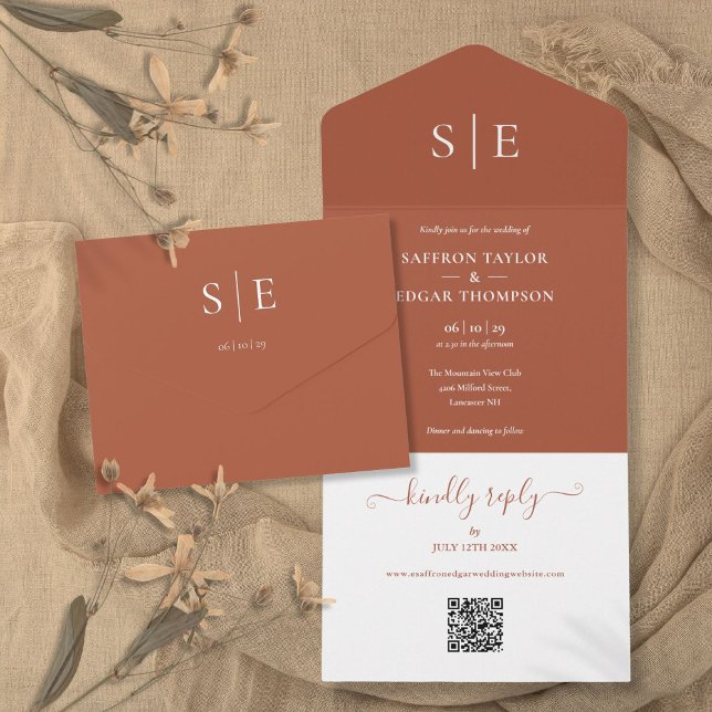 Terracotta Monogram Minimalistisch QR Code Wedding All In One Einladung (Terracotta Monogram Minimalist QR Code Wedding All In One Invitation)