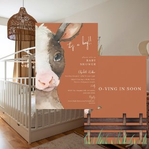 Terracotta Moo-ving in Balon Cow Baby Shower Einladung