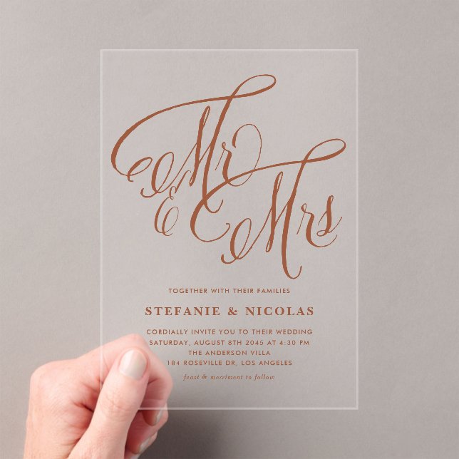 Terracotta Mr. and Mrs Rustic Calligraphy Wedding Acryleinladungen (Insitu (Handheld))