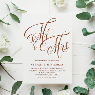 Terracotta Mr. and Mrs Rustic Calligraphy Wedding Einladungspostkarte