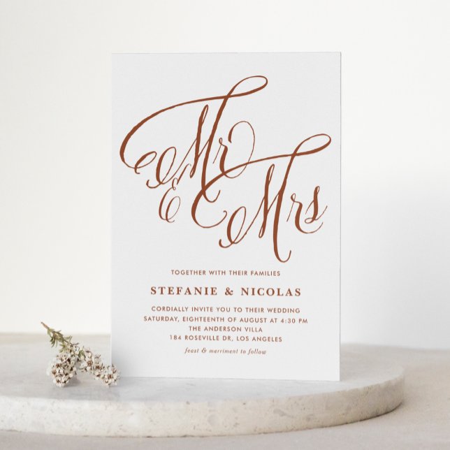 Terracotta Mr. & Mrs Rustic Script QR Code Wedding Einladungspostkarte (Terracotta Mr & Mrs Rustic Script QR Code Wedding Invitation Postcard)