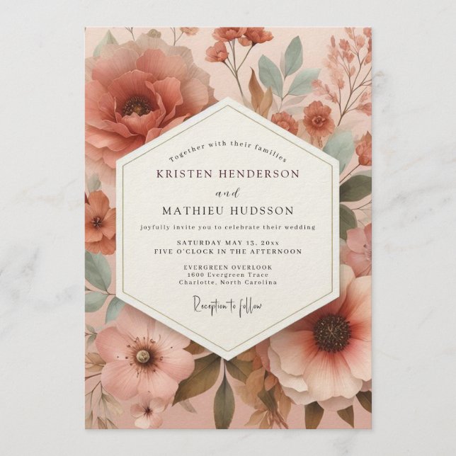 Terracotta Muted Blossom Wedding Einladung (Vorderseite)
