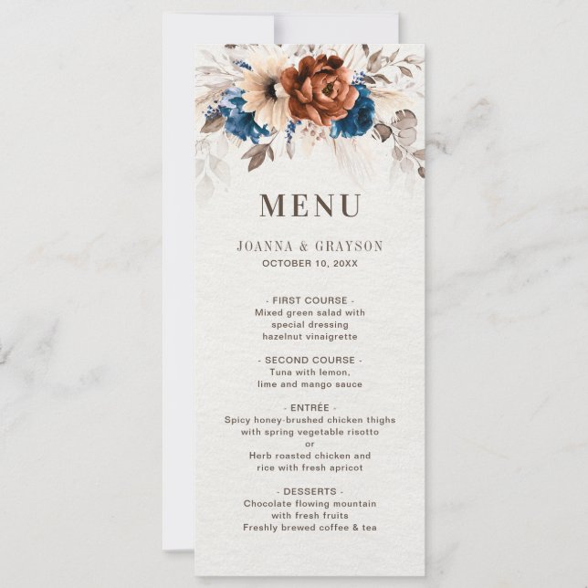 Terracotta Navy Blue Botanical Wedding Menu Card Einladung (Vorderseite)