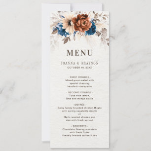 Terracotta Navy Blue Botanical Wedding Menu Card Einladung